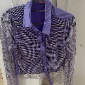 Purple Sheer Mesh Button-Down Blouse with Satin Trim